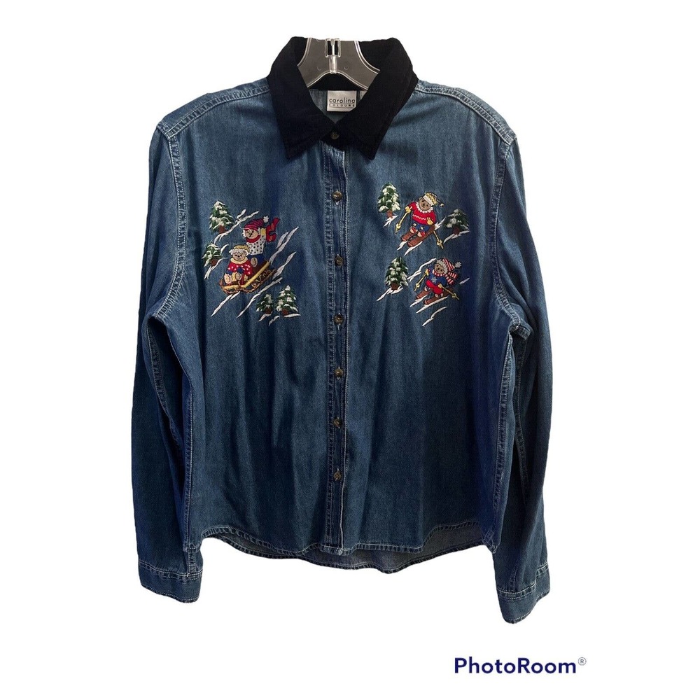 Vintage 90s Christmas Denim Shirt Large Blue Button Up Christmas Teddy Bears